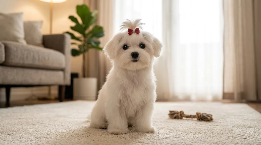 perfectly groomed white Maltese puppy with a silky single-layer coat sitting indoors