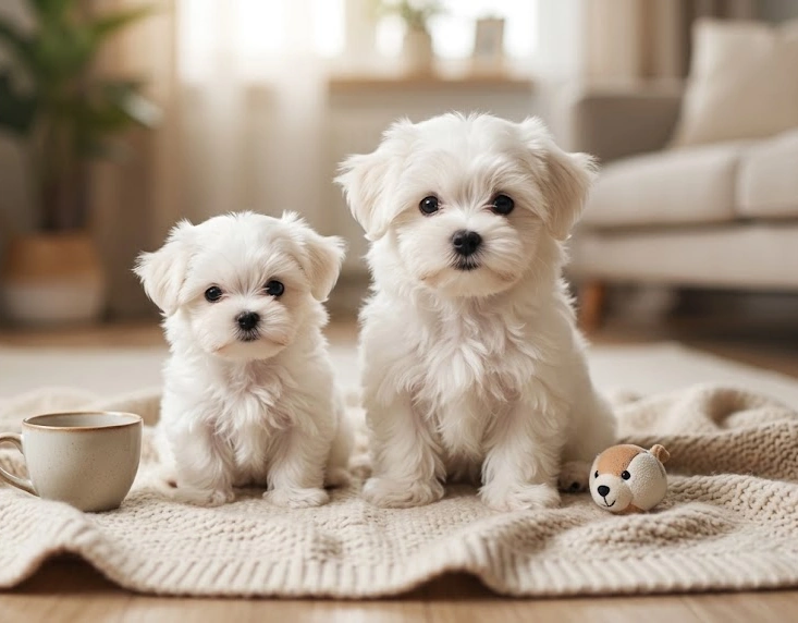 Side-by-side comparison of a tiny Teacup Maltese puppy and a Standard Maltese puppy sitting on a blanket inside a home, with a ceramic cup for size reference.